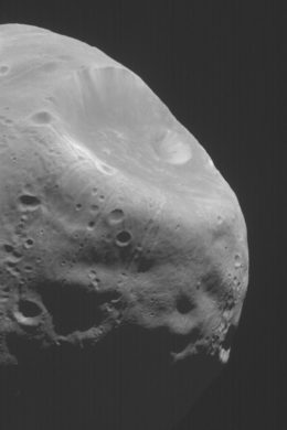 close-up image of a large crater on Mars's moon Phobos