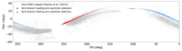 A plot with RA on the X axis and Dec on the Y axis, with grey dots marking the locations of stars in the stellar stream as flagged in the Gaia EDR3 sample. The final locations of particles from the author's simulation are over plotted in red and blue for the faint leading and trailing arms, respectively.