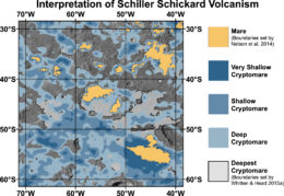 Title: "Interpretation of Schiller Schickard Volcanism. A region (60 degrees to 30 degrees South latitude and 70 degrees to 40 degrees West latitude) showing different colors for Mare (boundaries set by Nelson et al. 2014), very shallow cryptomare, shallow cryptomare, deep cryptomare, and deepest cryptomare (boundaries by Whitten and Head 2015a). Splotches of all colors are shown (along with just gray areas of the Moon)