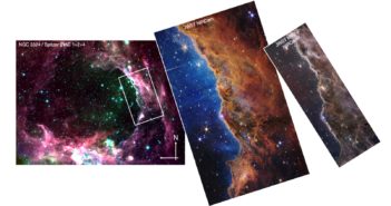 images of NGC 3324 taken by the Spitzer Space Telescope and two of JWST's instruments
