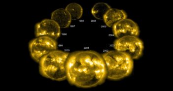 collage of images of the Sun throughout the course of the solar cycle