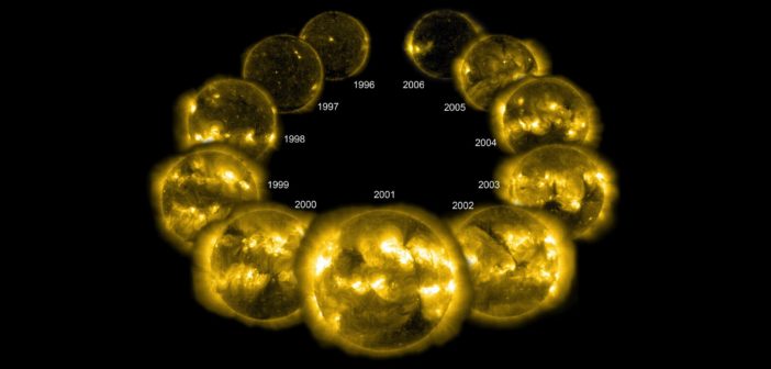 collage of images of the Sun throughout the course of the solar cycle