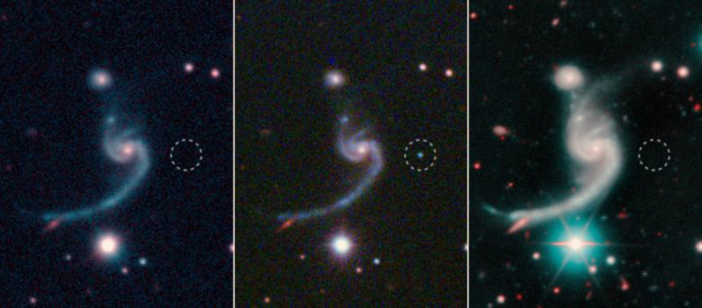 Three side by side images with the same galaxy in the center. In the center panel, a supernova is visible to the right of the galaxy.