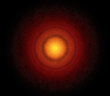 An image of the TW Hydrae disk, zoomed out far enough that the entire disk is visible and a set of concentric dark rings neatly surround the central star.
