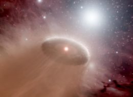 illustration of a protoplanetary disk being evaporated by a nearby massive star