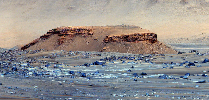photograph of a butte near Jezero crater on Mars