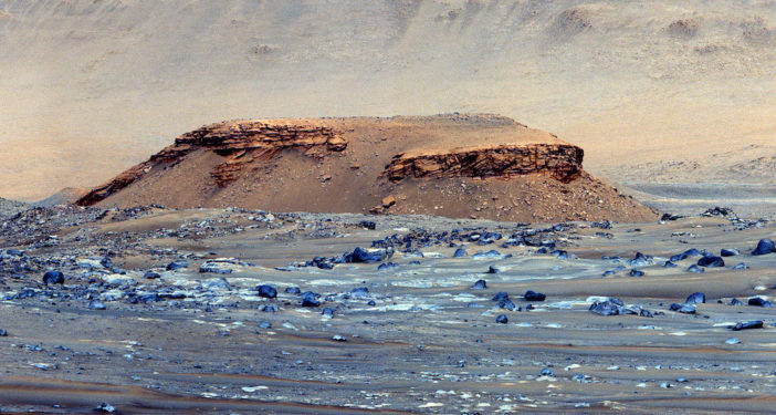 photograph of a butte near Jezero crater on Mars