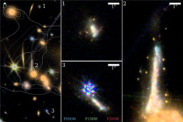 close-ups of the three images of the Sparkler galaxy