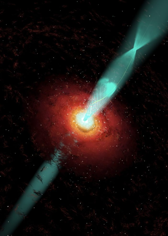 artist's impression of an active galactic nucleus emitting a jet