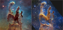 comparison of Hubble and JWST image of the Pillars of Creation