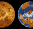 side-by-side images of Venus's surface today and an imagining of what its surface might have looked like in the past