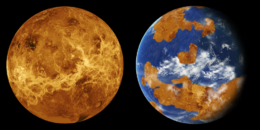 side-by-side images of Venus's surface today and an imagining of what its surface might have looked like in the past