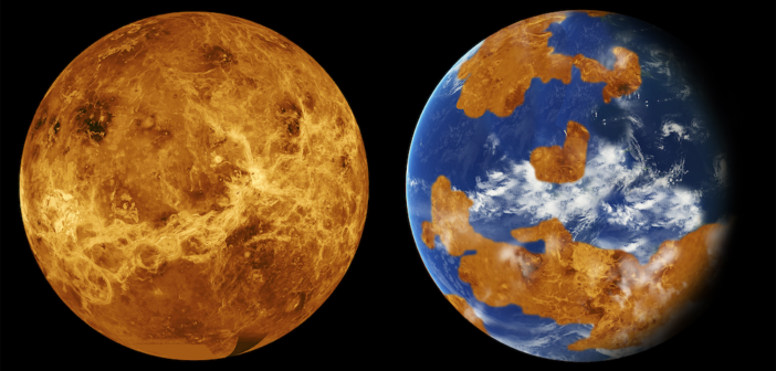 side-by-side images of Venus's surface today and an imagining of what its surface might have looked like in the past