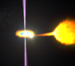 An artists depiction of a star around a pulsar slowly being torn apart.