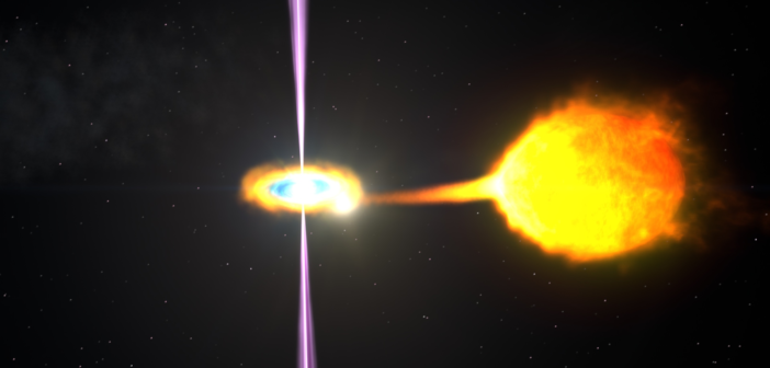 An artists depiction of a star around a pulsar slowly being torn apart.