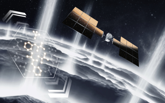 A computerized rendering of a small spacecraft with extended solar panels shown above the surface of a grey moon. The surface is erupting with white jets of material in front of and behind the spacecraft.