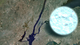 an illustration of a neutron star placed next to a map of New York to show the object's size