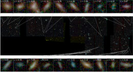 Images taken by JWST of a CEERS field. Along the top and bottom are rows of inset frames which magnify specific galaxies in the image. The magnified images show generally extended disk-like shapes, but are heavily blurred/pixelated given the small angular size of these targets.