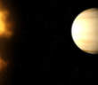 A rendering of large star on the left, and a very nearby gaseous planet on the right.