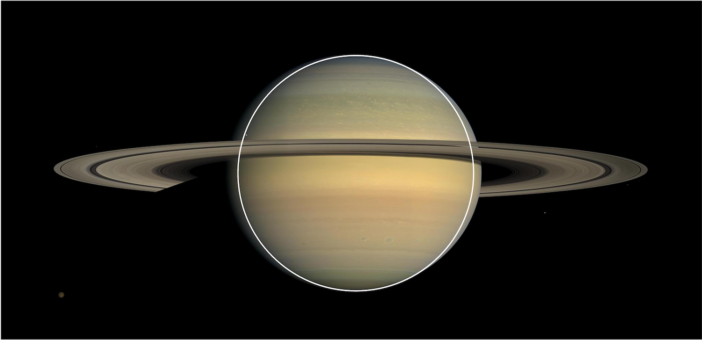 An image of Saturn with a white circle to show the planet's oblateness