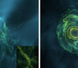still images showing the results of two computer simulations of black hole accretion