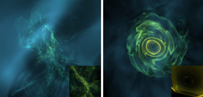 still images showing the results of two computer simulations of black hole accretion