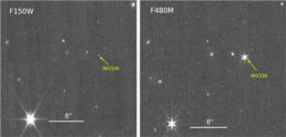 A two-panel image of a small region of the sky imaged in two different filters. The target brown dwarf is labeled in each and appears much brighter in the longer wavelength image