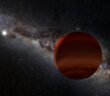 A photorealistic illustration of the Milky Way viewed edge on. A large red planet similar to Jupiter sits in front of it in the foreground.
