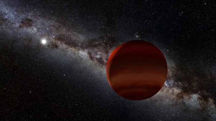 A photorealistic illustration of the Milky Way viewed edge on. A large red planet similar to Jupiter sits in front of it in the foreground.