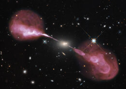 composite optical and radio image of the galaxy Hercules A and its jets
