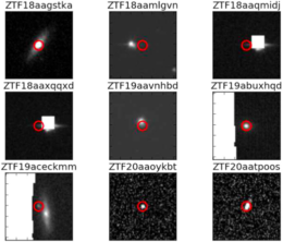 9 small images of a patch of sky, each with a bright transient in the center circled in red. Several appear next to small galaxies, and several appear next to a large region of masked-out pixels.