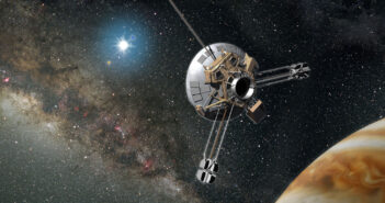 A graphic of a spacecraft with a large dish antenna flying past Jupiter. The Milky Way and numerous stars are in the background.