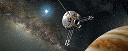 A graphic of a spacecraft with a large dish antenna flying past Jupiter. The Milky Way and numerous stars are in the background.
