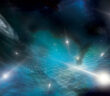 artist's impression of the gravitational wave background from a supermassive black hole binary sweeping across an array of pulsars