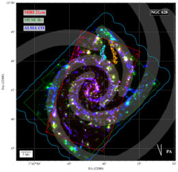 Three-color multi-wavelength image of the galaxy NGC 628