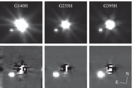 A six-panel arrangement of images, each of which shows close-up images of what looks like two stars. In the bottom row, the brighter star is partially subtracted away, emphasizing the dimmer one.