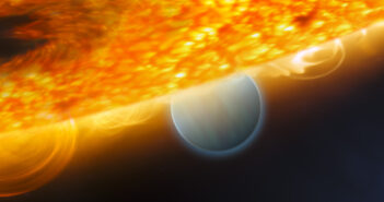 Artist's impression of a gas giant exoplanet peeking out from behind its parent star