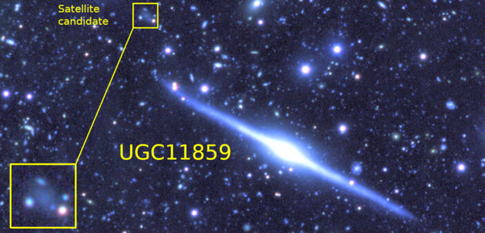 an ultra-thin galaxy seen edge on, with a potential satellite galaxy indicated off to the side