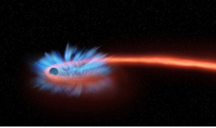 A rendering of red gas spiraling towards a central black sphere, with blue emission shooting out from the center.