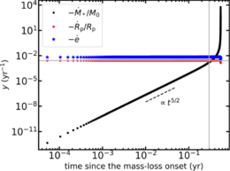 A log-log plot of mass loss rate vs. time. The the line appears linear for nearly 1 year, following a t proportional to 5/2 slope, but the diverges towards infinity at the time when the star is destroyed.
