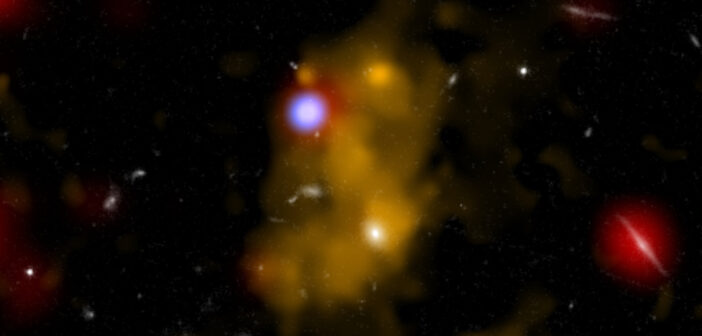 multi-wavelength image of a galaxy known as a Lyman-alpha blob