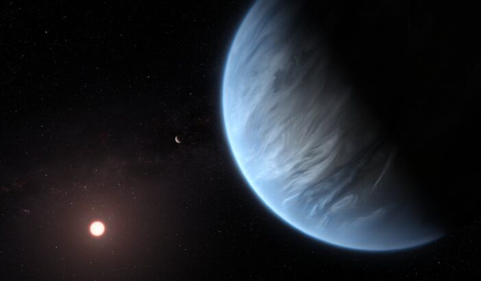 illustration of a super-Earth exoplanet with a watery atmosphere