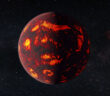 A computer rendering of a brown planet, covered with patches and smears of bright read lava, suspended against a black background.