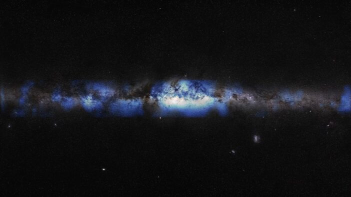 An image of the milky way oriented horizontally, with overlaid blue blobs along the plane corresponding to areas of large neutrino emission.