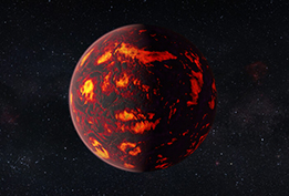 A computer rendering of a brown planet, covered with patches and smears of bright read lava, suspended against a black background.