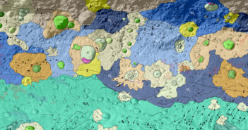map of the surface of the minor planet Vesta, with the surface subdivided into dozens of different regions based on origin and composition