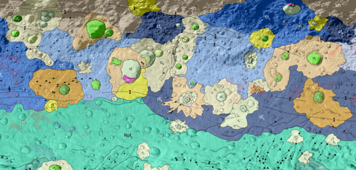 map of the surface of the minor planet Vesta, with the surface subdivided into dozens of different regions based on origin and composition