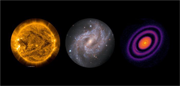 side-by-side images of the Sun, a galaxy containing a supernova, and a protoplanetary disk