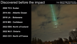 An image of a meteor as seen from the ground, and the names of 7 asteroids beside it at left.