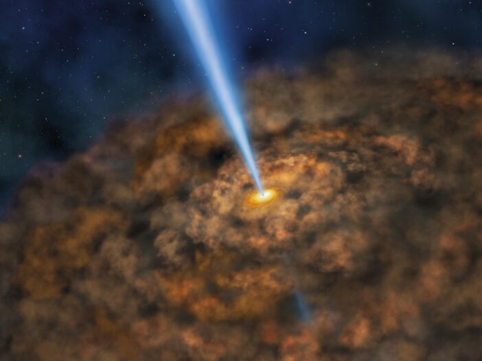 Artist's impression of an active galactic nucleus surrounded by a dusty accretion disk